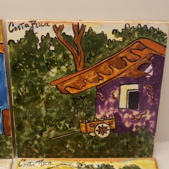 SET of 6 Ceramic Tiles Hand Painted Village Homes Houses  Costa Rica 6" x 6 - Picture 4 of 9